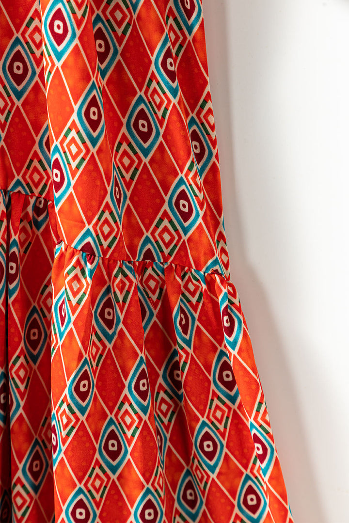 Robe longue à manches bouffantes et imprimé géométrique ethnique