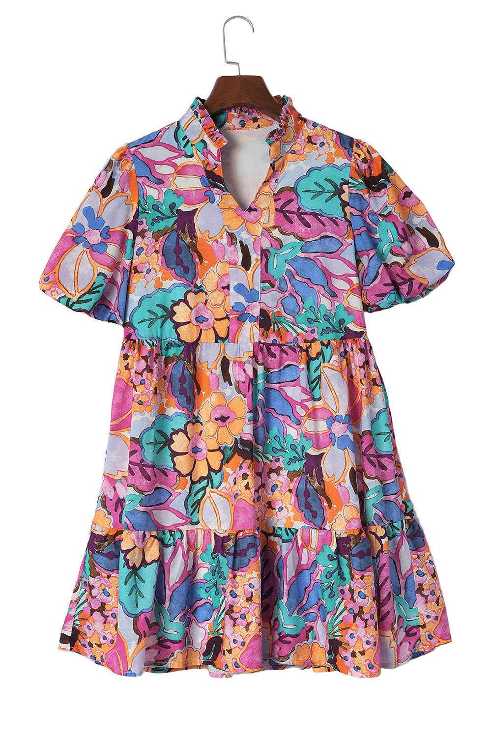 Mini-robe multicolore à imprimé floral et col en V à manches bouffantes