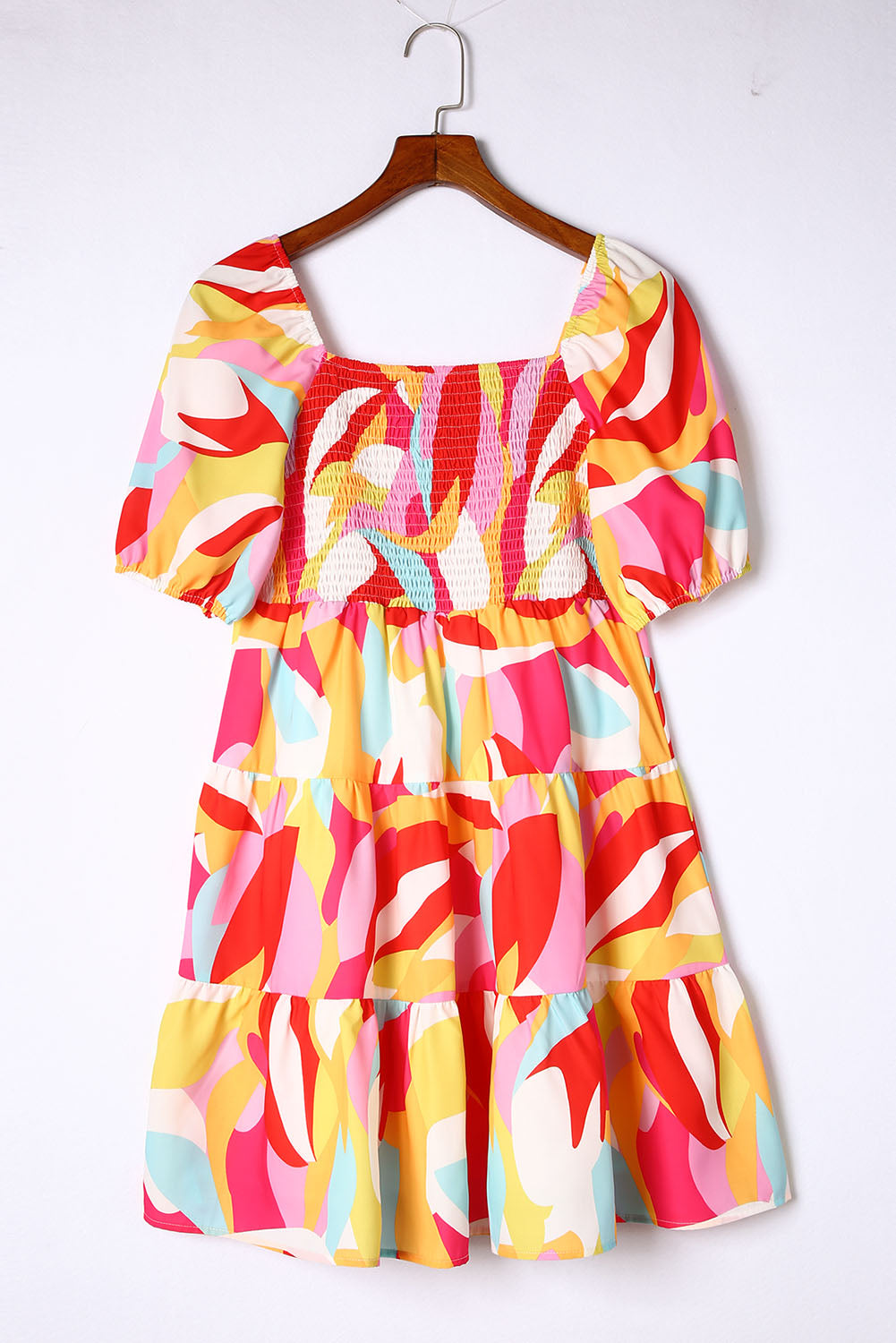 Mini-robe nuisette smockée à imprimé géométrique multicolore