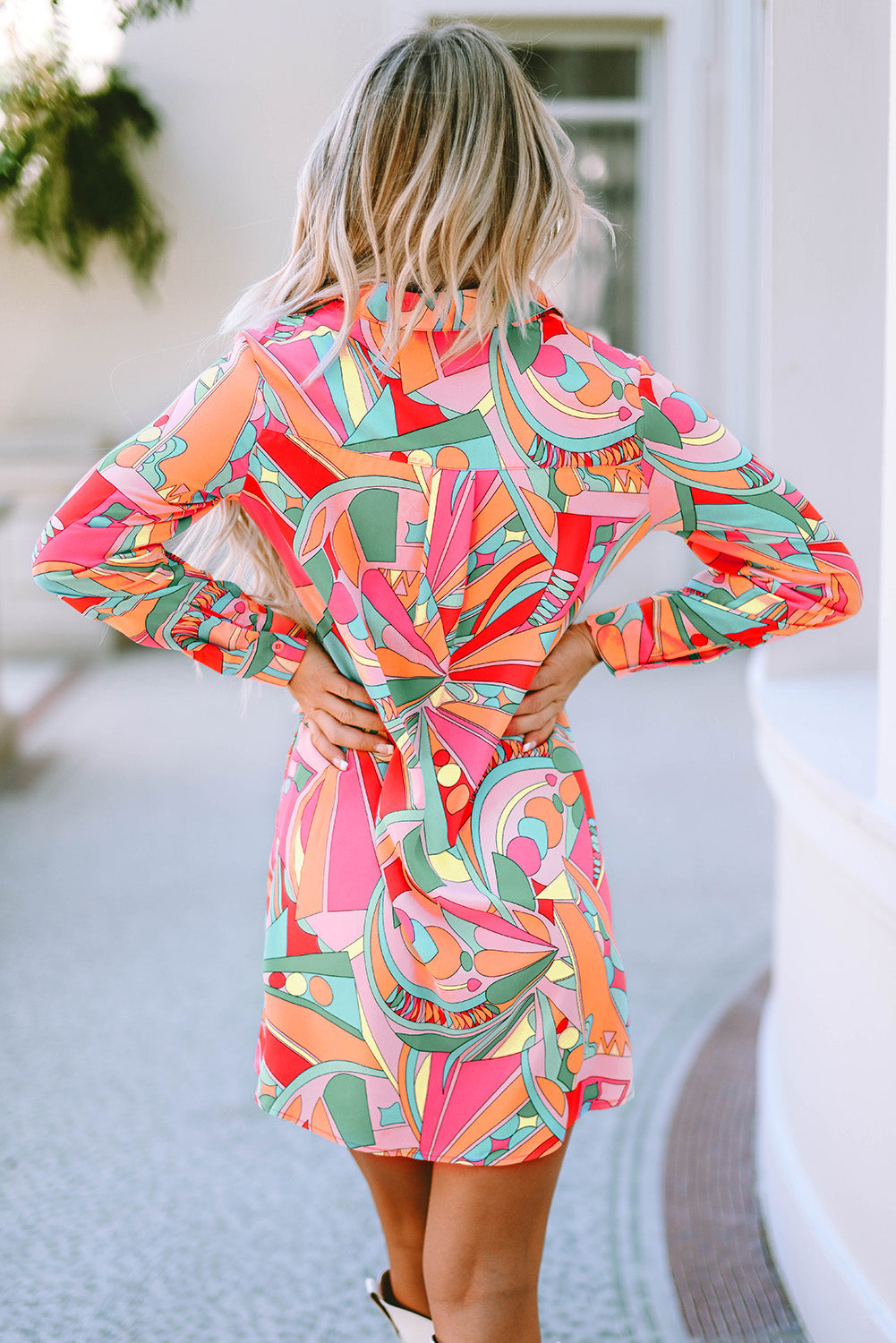 Robe chemise à manches longues et imprimé abstrait géométrique multicolore