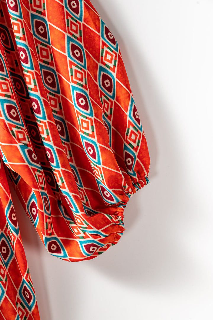 Robe longue à manches bouffantes et imprimé géométrique ethnique