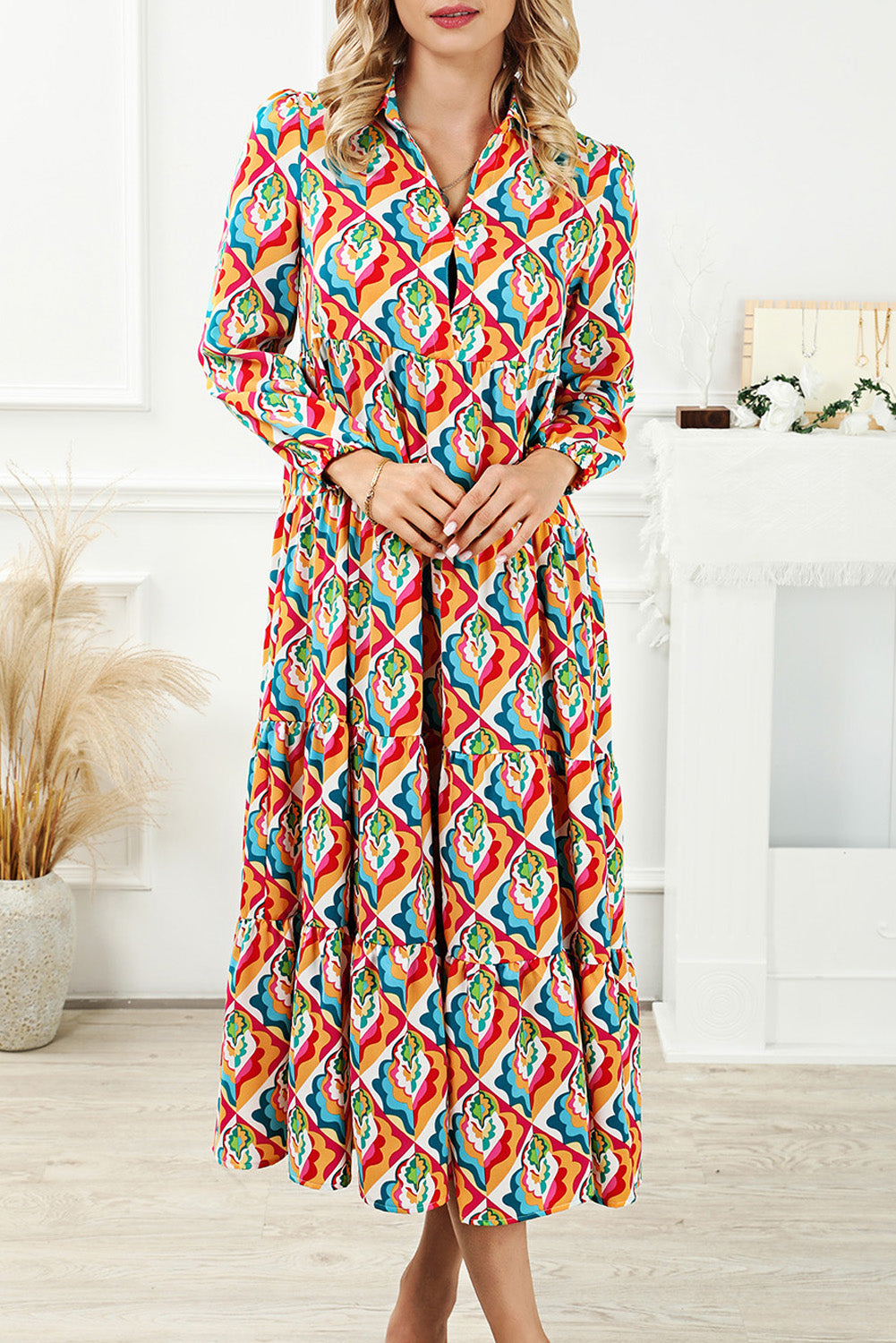 Robe taille haute à manches longues et imprimé géométrique abstrait multicolore