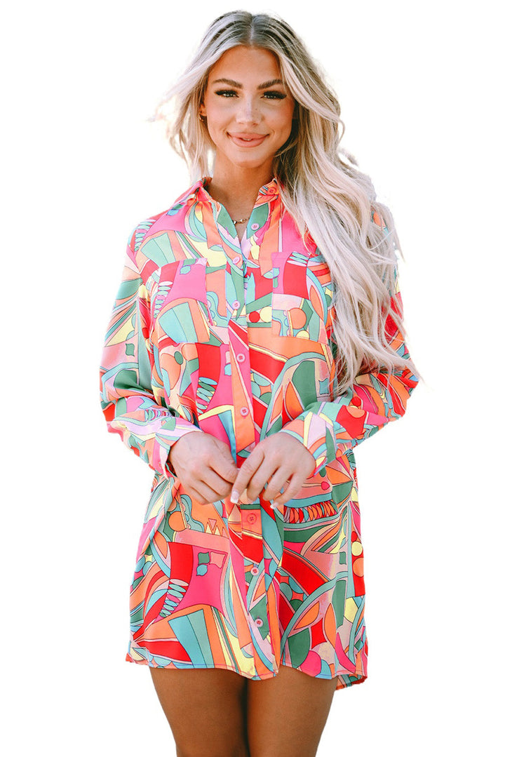 Robe chemise à manches longues et imprimé abstrait géométrique multicolore