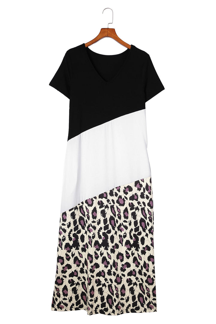 Robe longue t-shirt fendu sur le côté imprimé léopard noir