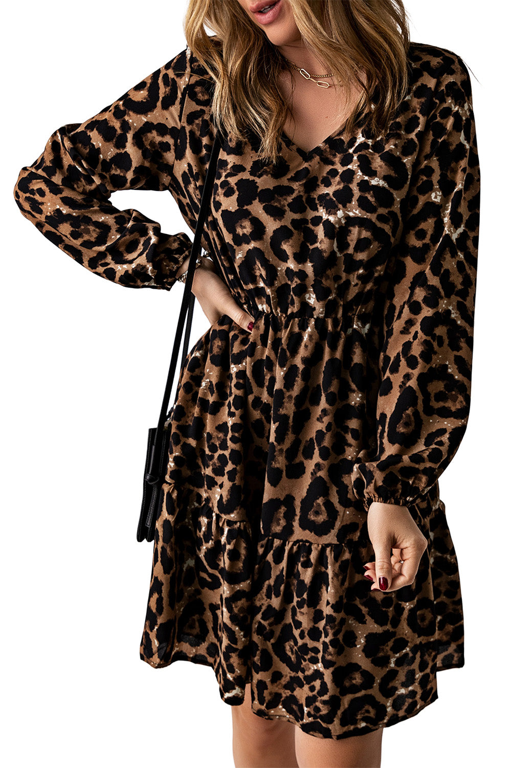 Robe courte à volants et poignets élastiques à imprimé léopard